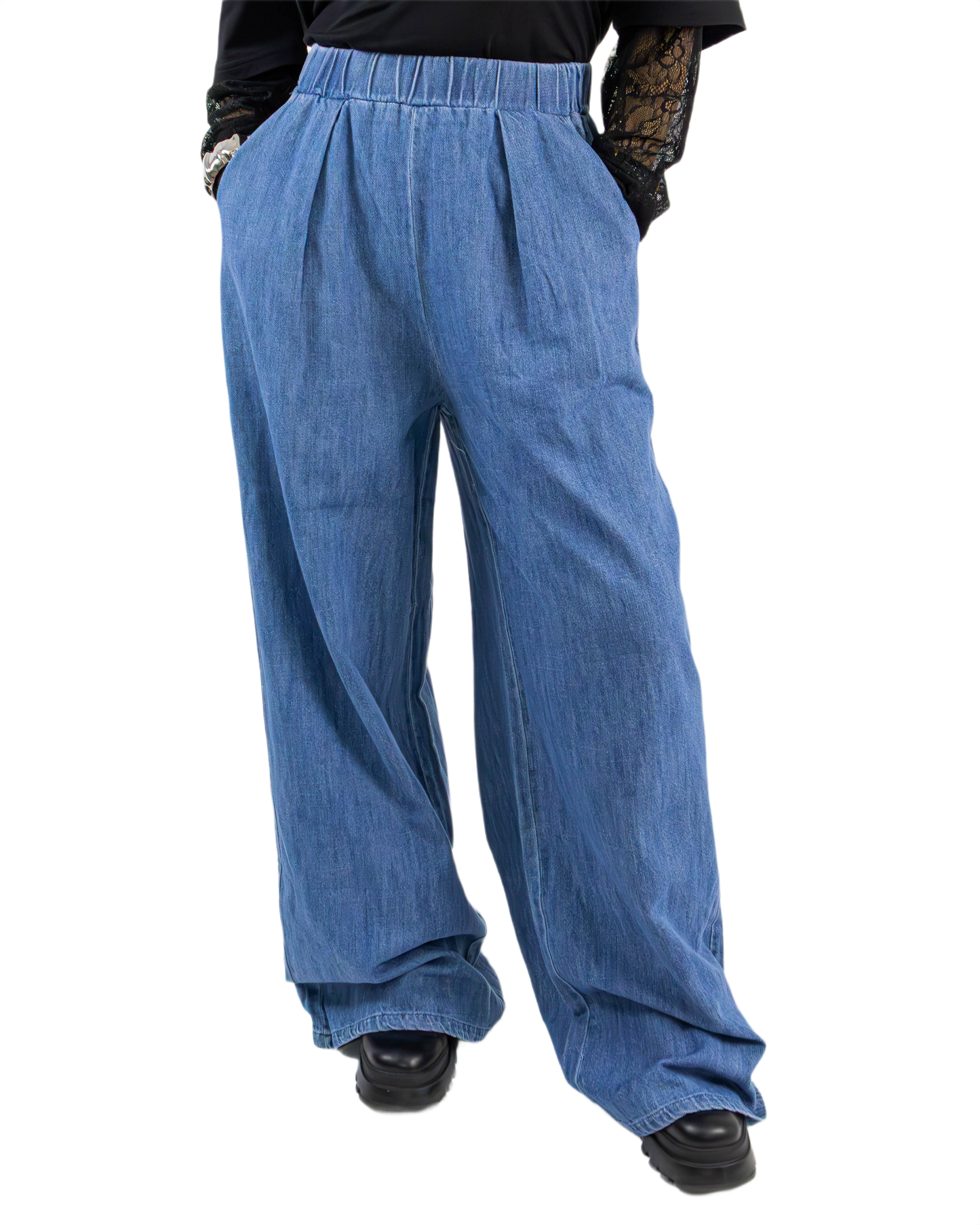 Pantaloni Wide Leg din Bumbac Elastic cu Aspect de Jeans | Qarma Selection
