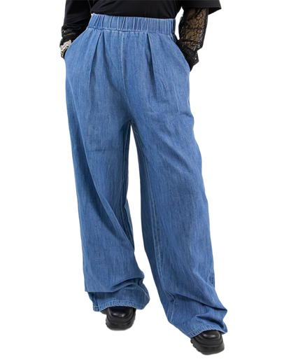 Pantaloni Wide Leg din Bumbac Elastic cu Aspect de Jeans | Qarma Selection