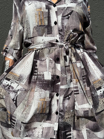 Rochie Cămașă Abstract Geometric cu Lungime Asimetrică (S-XL)