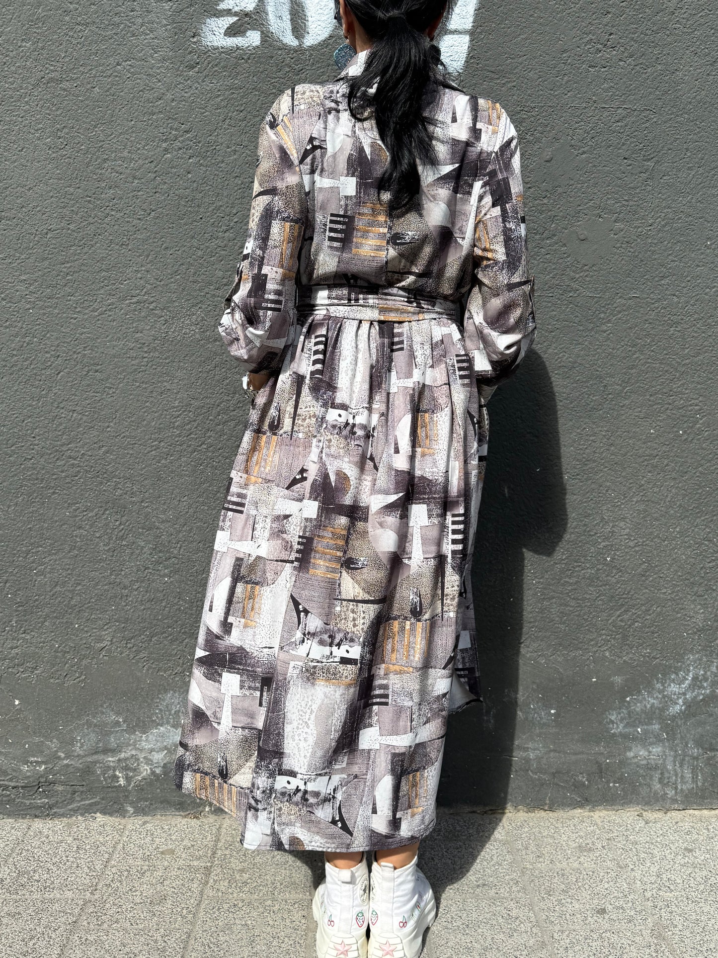 Rochie Cămașă Abstract Geometric cu Lungime Asimetrică (S-XL)