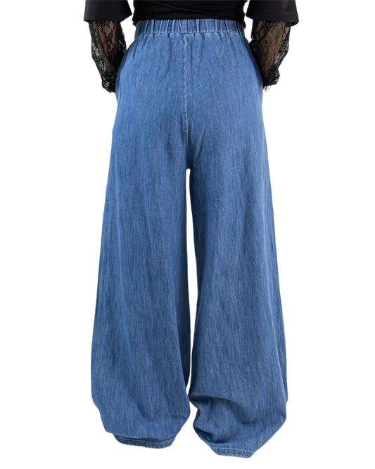 Pantaloni Wide Leg din Bumbac Elastic cu Aspect de Jeans | Qarma Selection