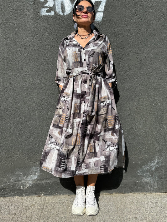 Rochie Cămașă Abstract Geometric cu Lungime Asimetrică (S-XL)