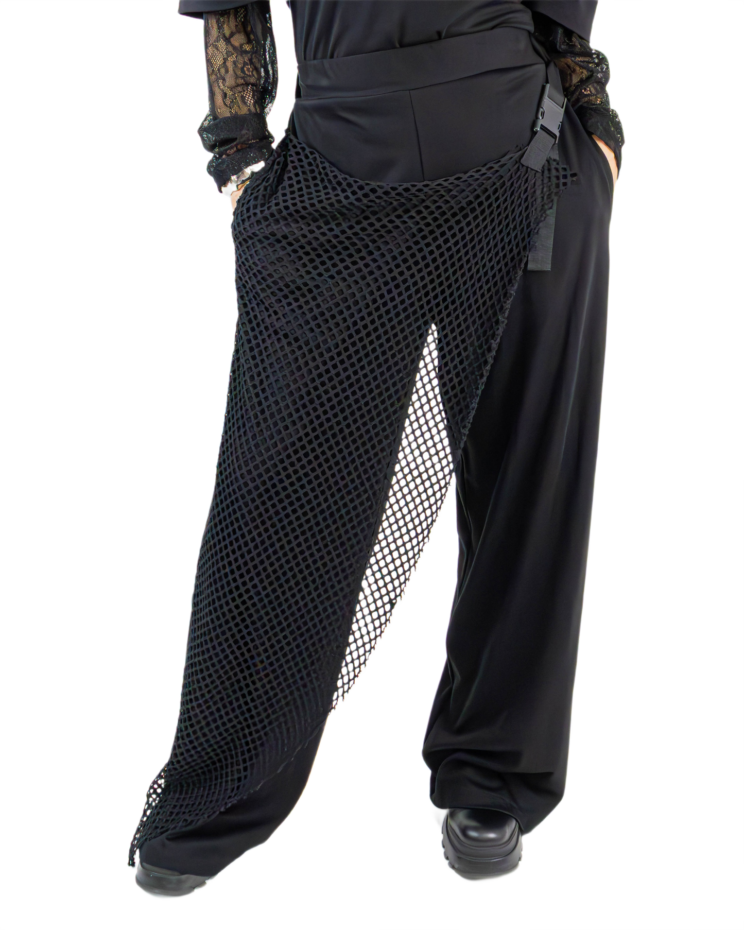 Pantaloni Wide-Leg Avantgarde cu Plasă și Cataramă (S-L)