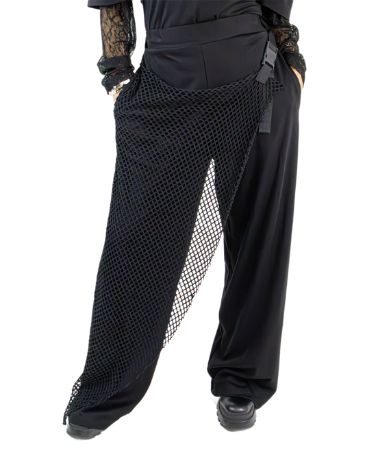 Pantaloni Wide-Leg Avantgarde cu Plasă și Cataramă (S-L)