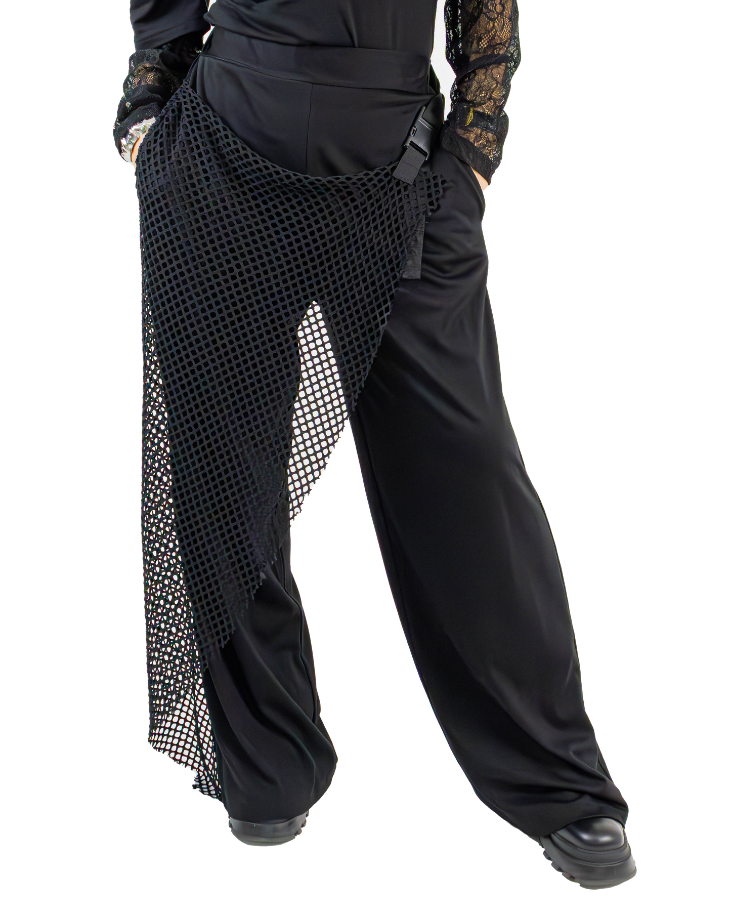 Pantaloni Wide-Leg Avantgarde cu Plasă și Cataramă (S-L)