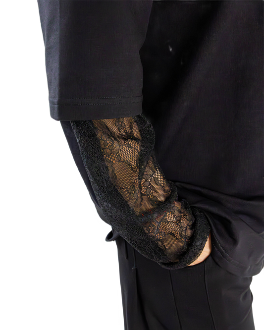 Bluză Neagră cu Mâneci Duble și Inserții din Dantelă | Mărime Universală (S-XL) | Qarma