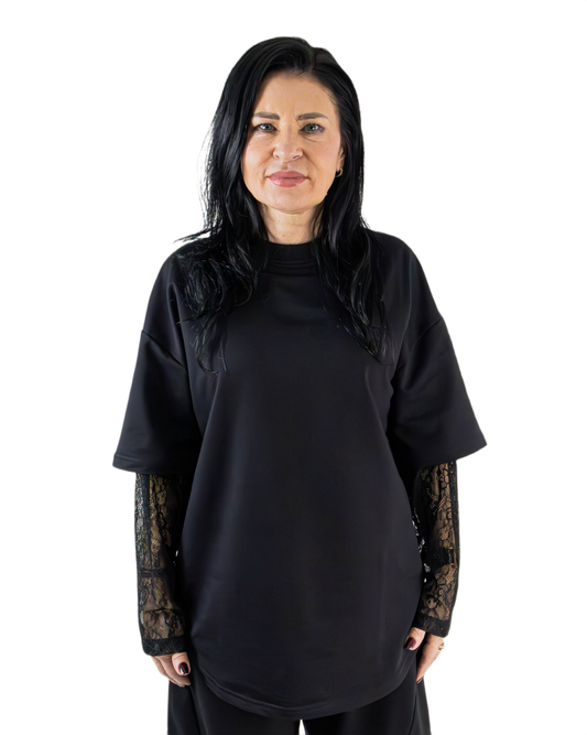 Bluză Neagră cu Mâneci Duble și Inserții din Dantelă | Mărime Universală (S-XL) | Qarma
