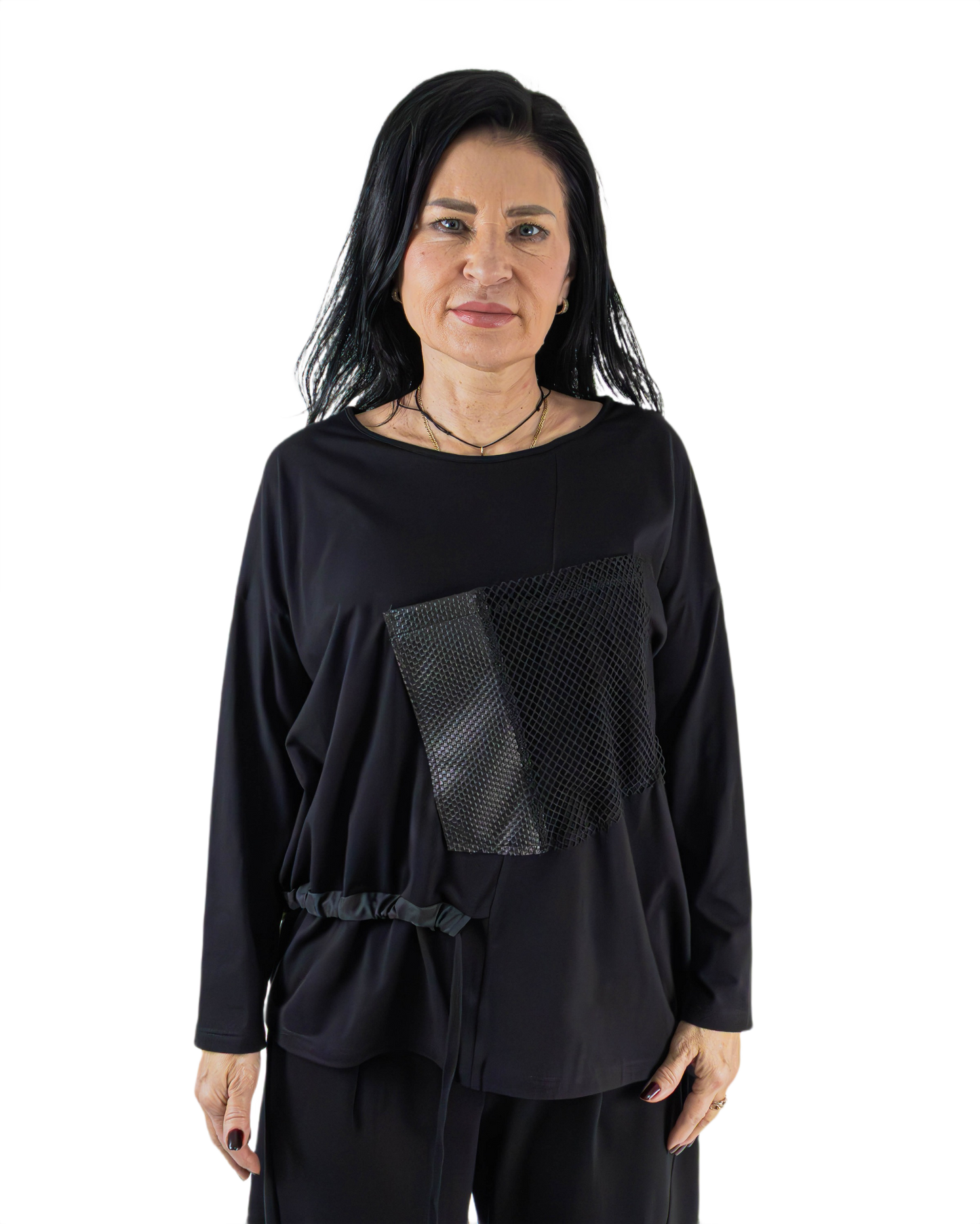 Bluză Neagră cu Șnur Lateral și Buzunar Texturat (S-XL)