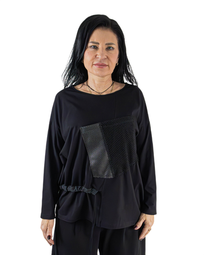 Bluză Neagră cu Șnur Lateral și Buzunar Texturat (S-XL)