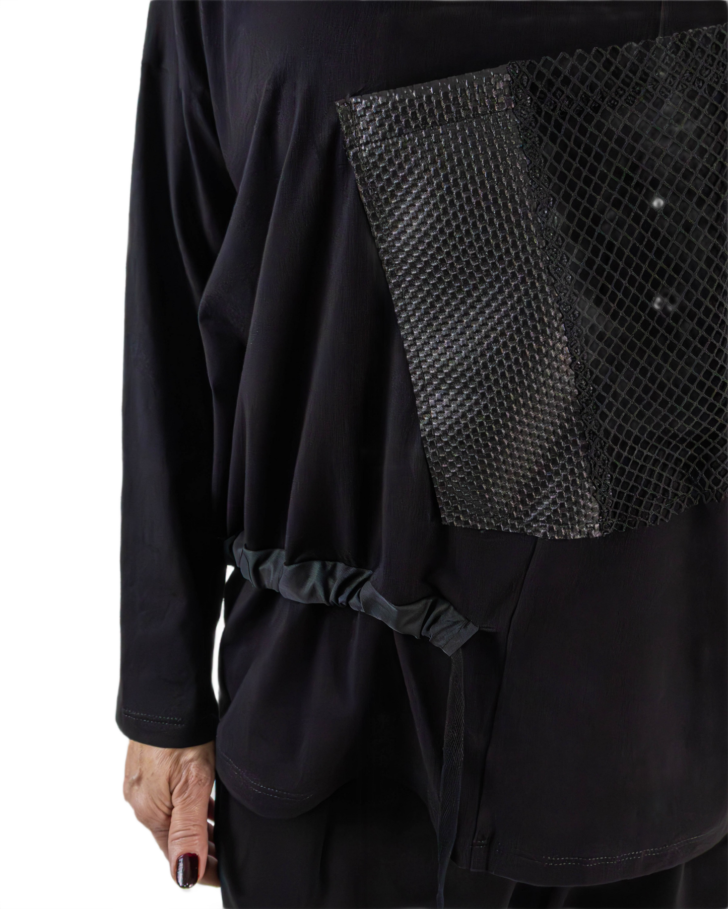 Bluză Neagră cu Șnur Lateral și Buzunar Texturat (S-XL)
