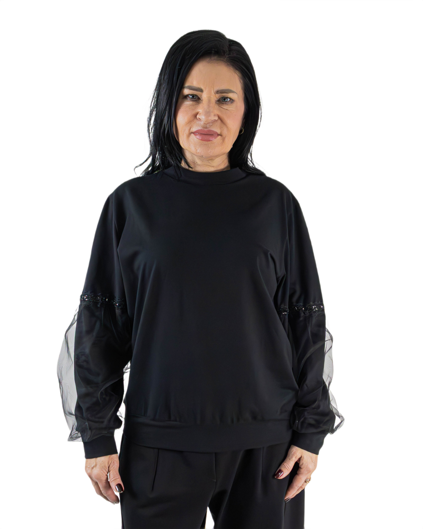 Bluză Neagră cu Mâneci Bufante din Tulle și Paiete (S-XL)