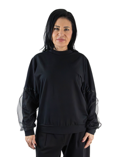 Bluză Neagră cu Mâneci Bufante din Tulle și Paiete (S-XL)