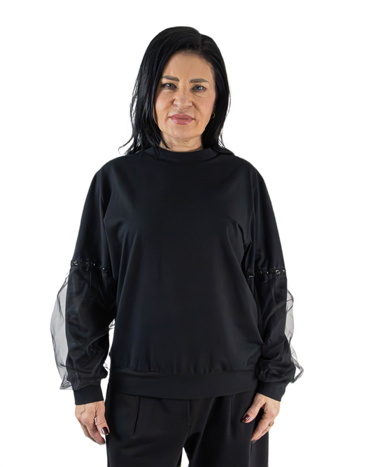 Bluză Noir cu Mâneci Bufante din Tulle (Paiete) | Mărime Universală (S-XL) | Qarma