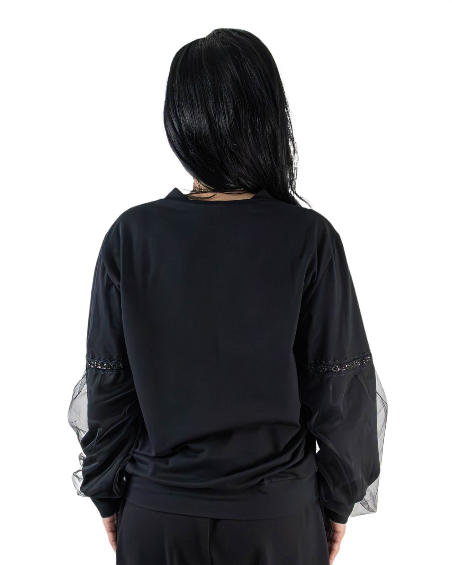 Bluză Neagră cu Mâneci Bufante din Tulle și Paiete (S-XL)