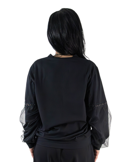 Bluză Neagră cu Mâneci Bufante din Tulle și Paiete (S-XL)