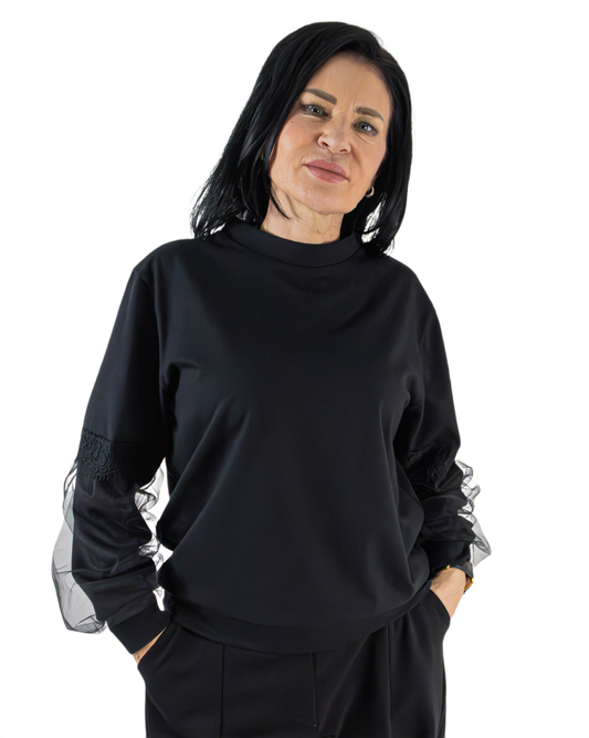 Bluză Noir cu Mâneci Bufante din Tulle (Dantelă) | Mărime Universală (S-XL) | Qarma