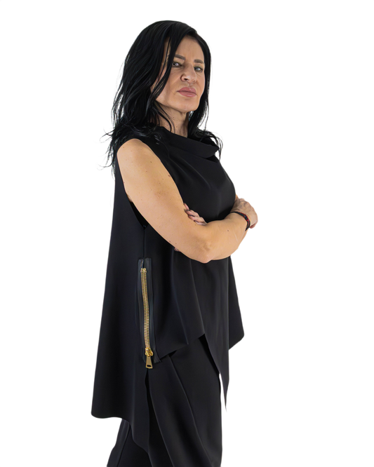 Capă Neagră Asimetrică cu Fermoar Lateral Auriu (S-XL)