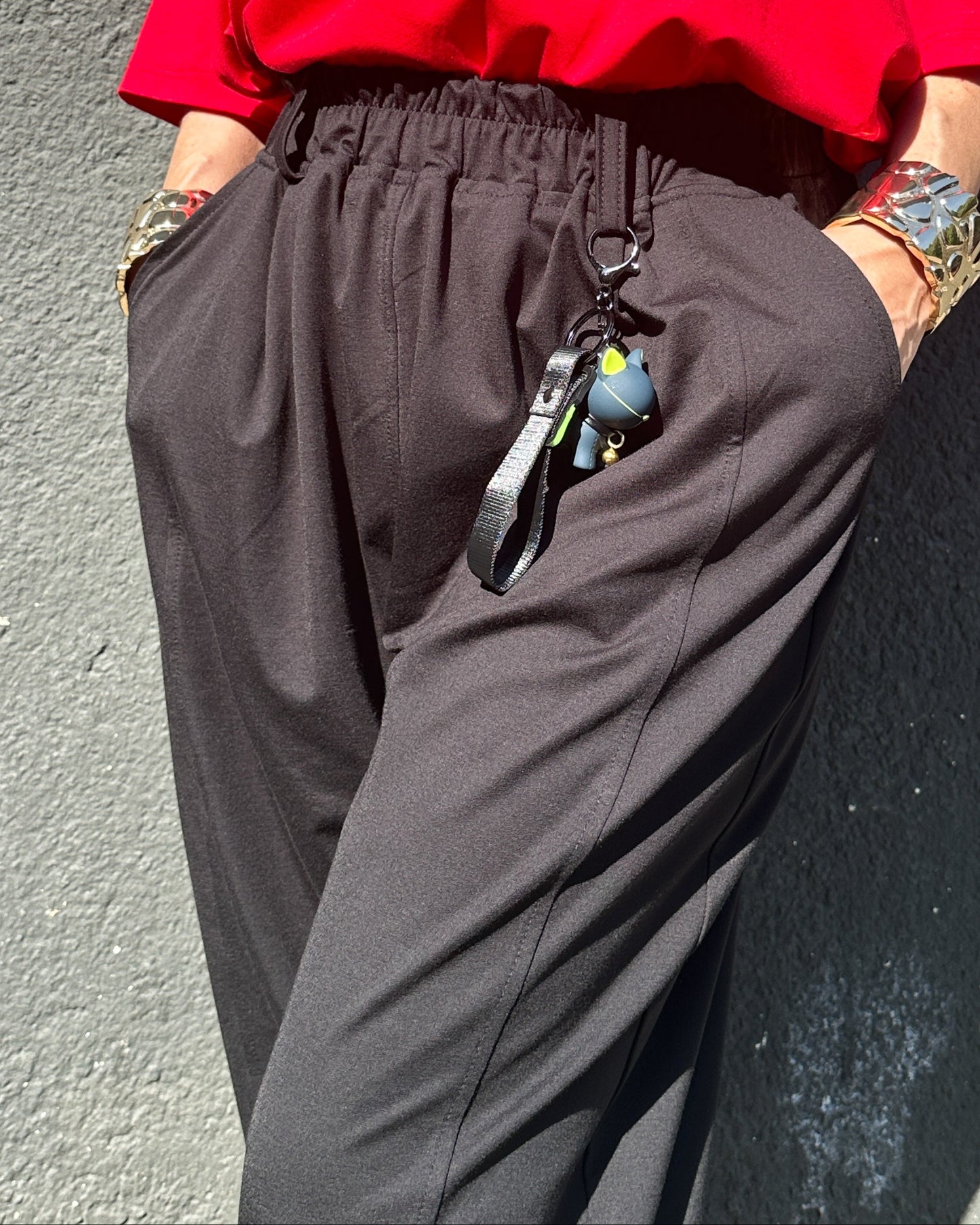 Pantaloni din Jerse de Vară Negru cu Detaliu Breloc (S-XL)