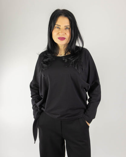 Bluză Neagră cu Nod Asimetric și Textură Duală (S-XL)