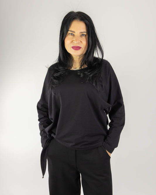 Bluză Neagră cu Nod Asimetric și Textură Duală (S-XL)