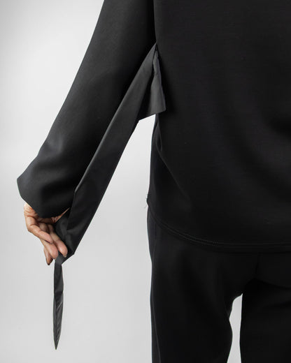 Bluză Neagră cu Fundă la Spate și Mâneci Bufante (S-XL)