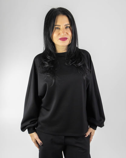 Bluză Neagră cu Fundă la Spate și Mâneci Bufante (S-XL)