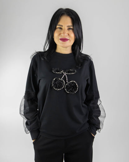 Bluză Neagră cu Mâneci Tulle, Dantelă și Aplicație Cireșe (S-XL)