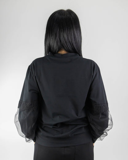 Bluză Neagră cu Mâneci Tulle, Dantelă și Aplicație Cireșe (S-XL)