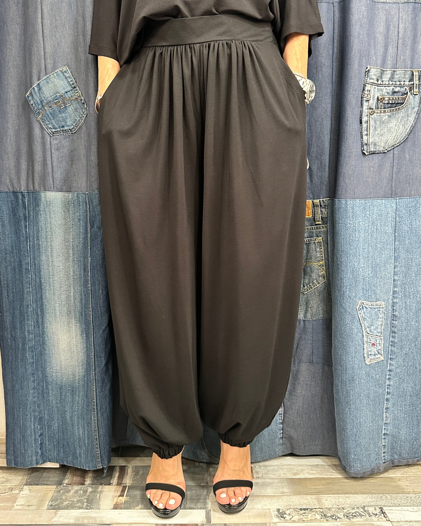 Pantaloni-Șalvar Arhitecturali cu Elastic la Gleznă (S-L)