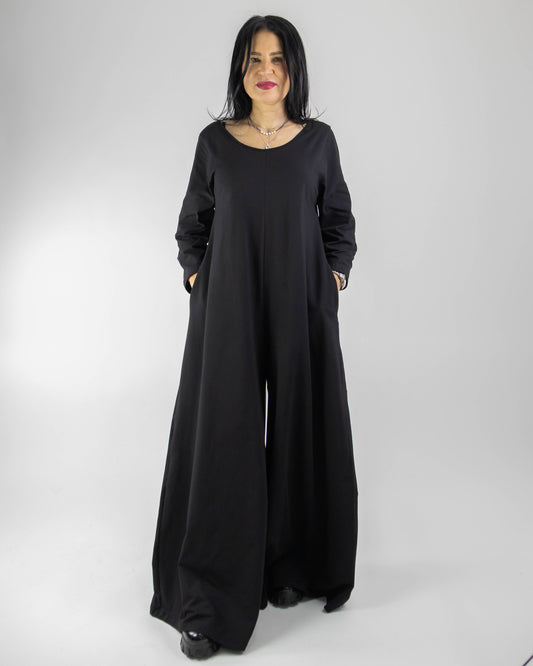 Salopetă Neagră din Bumbac cu Mânecă Lungă (S-XL)