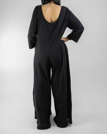 Salopetă Neagră din Bumbac cu Mânecă Lungă (S-XL)