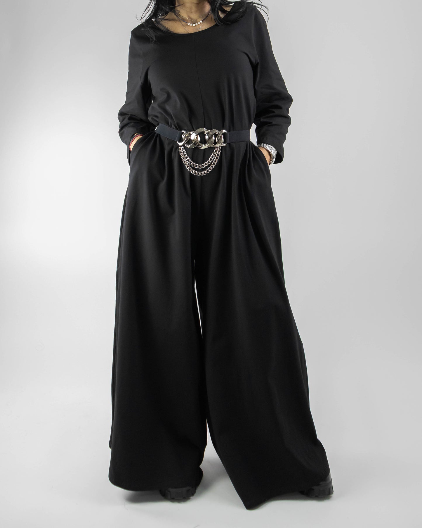 Salopetă Neagră din Bumbac cu Mânecă Lungă (S-XL)