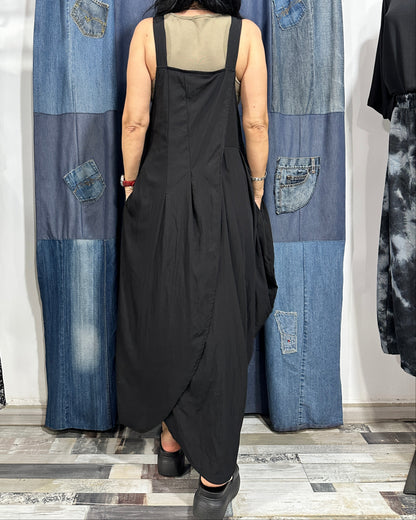 Sarafan Arhitectural Negru cu Textură Micro-Creponată (S-XL)