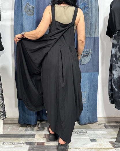 Sarafan Arhitectural Negru cu Textură Micro-Creponată (S-XL)