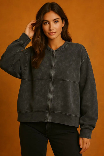 Hanorac cu Fermoar Washed Gri Închis (S-XL)