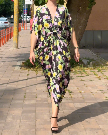 Rochie Arhitecturală cu Imprimeu Grafic Multicolor și Detaliu Inel (S-XL)