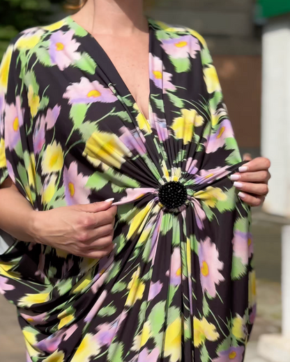 Rochie Arhitecturală cu Imprimeu Grafic Multicolor și Detaliu Inel (S-XL)