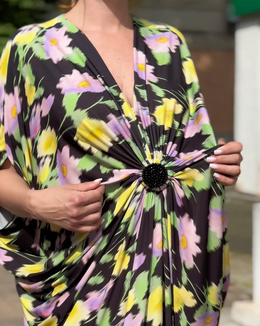 Rochie Arhitecturală cu Imprimeu Grafic Multicolor și Detaliu Inel (S-XL)