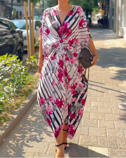 Rochie Arhitecturală cu Imprimeu Floral și Detaliu Inel (S-XL)