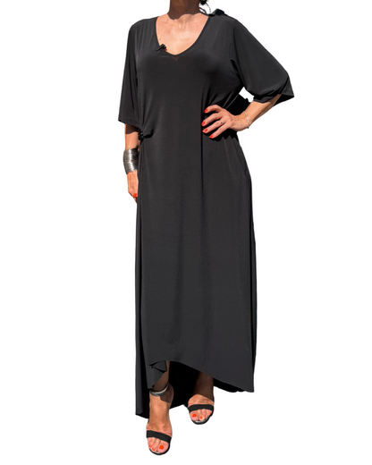 Rochie Arhitecturală Neagră Drapată pe Lateral (S-XL)