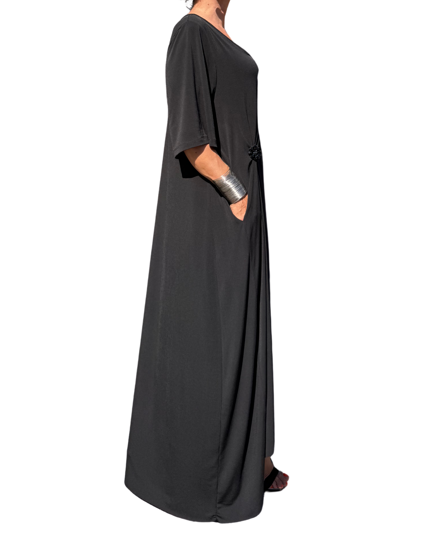 Rochie Arhitecturală Neagră Drapată pe Lateral (S-XL)