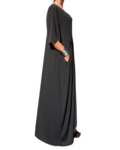 Rochie Arhitecturală Neagră Drapată pe Lateral (S-XL)