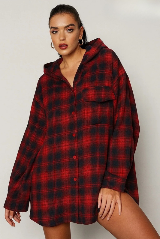 Cămașă Oversized în Carouri cu Glugă | Talie Unică | Qarma Selection