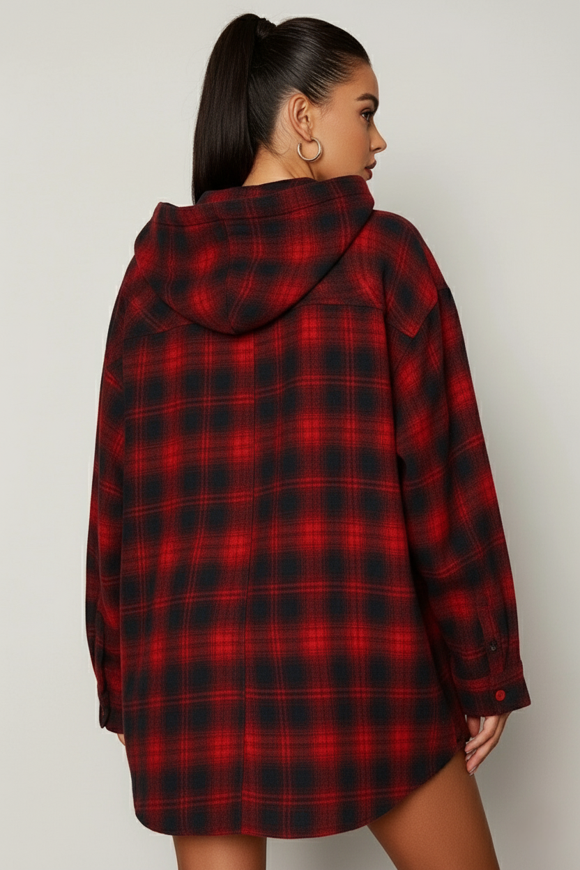 Cămașă Oversized în Carouri cu Glugă | Talie Unică | Qarma Selection