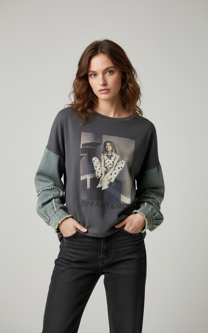 Tricou cu Print Grafic și Mâneci Denim