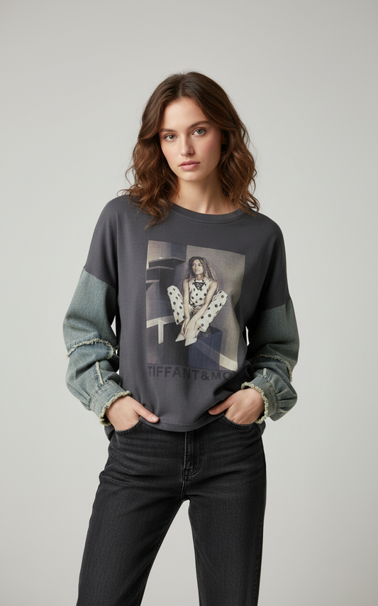 Bluză Hibrid din Bumbac cu Mâneci de Blugi | Talie Unică | Qarma Selection