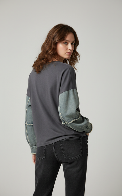 Tricou cu Print Grafic și Mâneci Denim