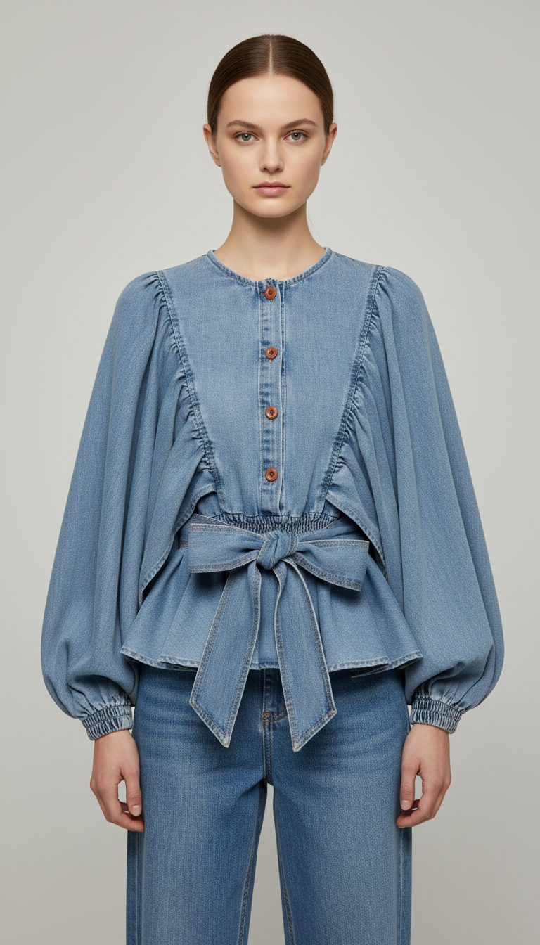 Bluză de Blugi cu Mâneci Balon și Peplum | Talie Unică | Qarma Selection