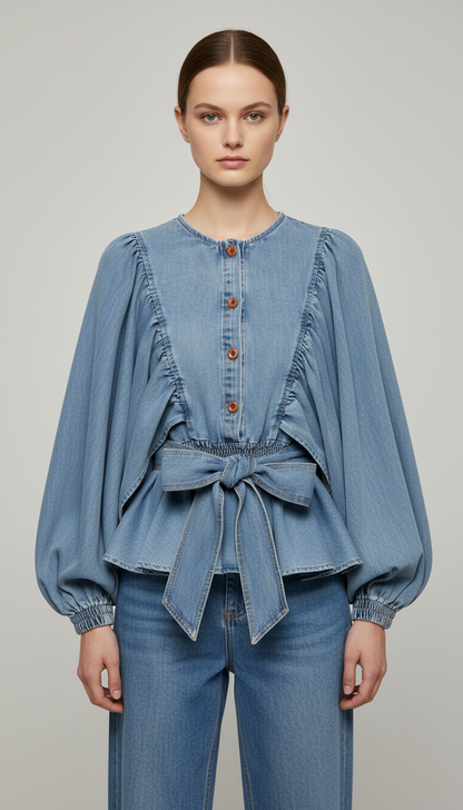 Bluză Denim cu Volane și Mâneci Bufante