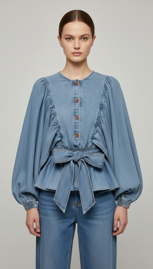 Bluză de Blugi cu Mâneci Balon și Peplum | Talie Unică | Qarma Selection